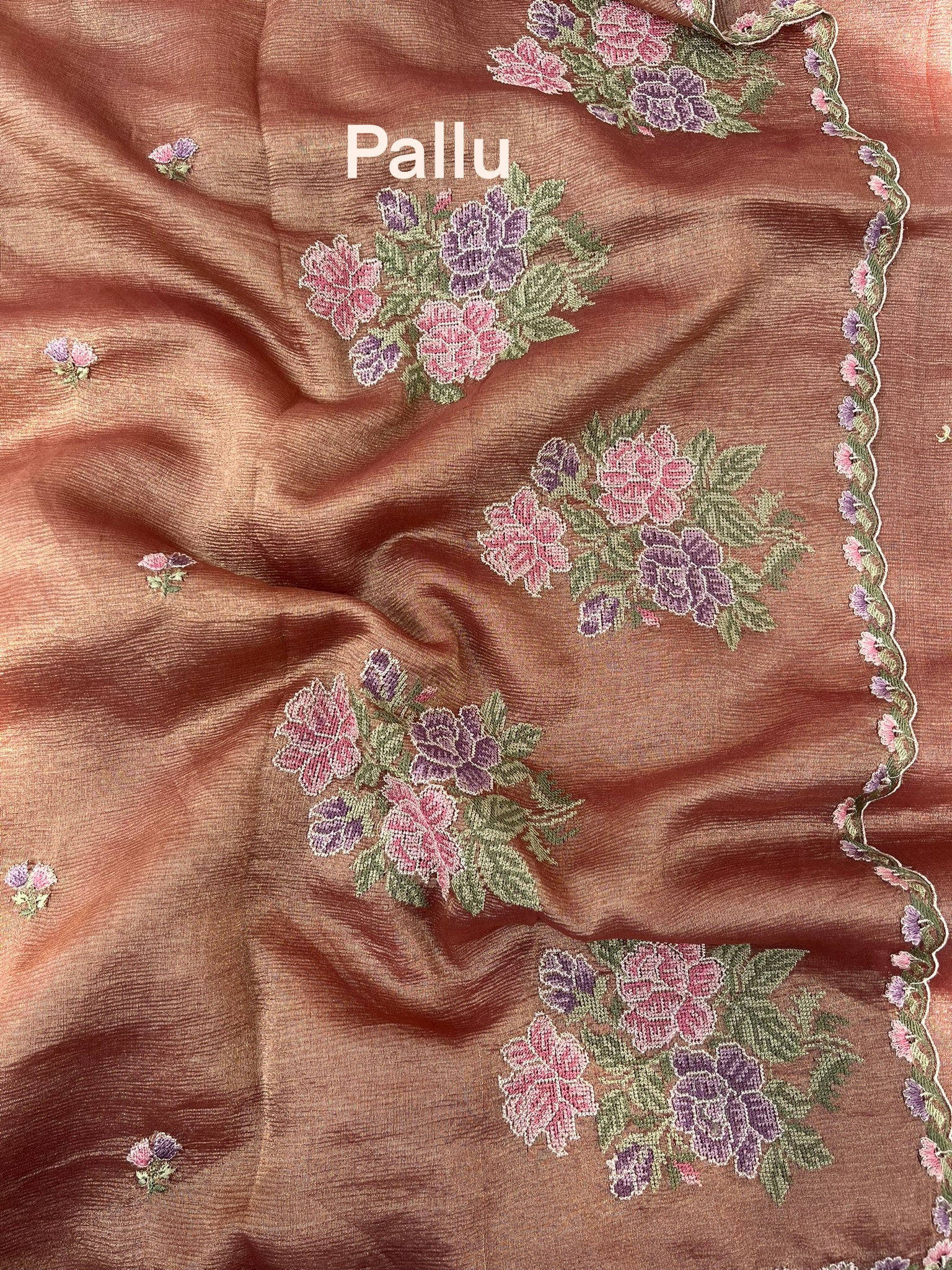 Brown Floral Crushed Tissue Organza Saree
